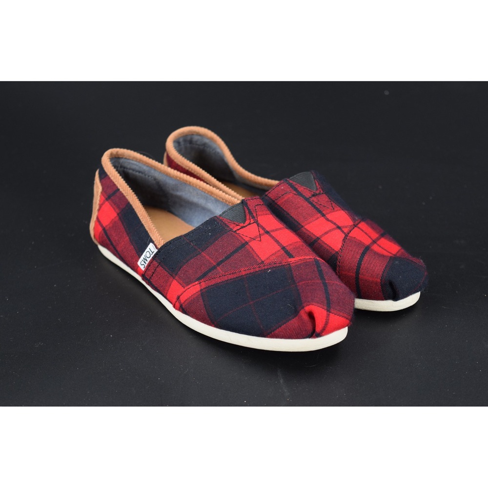 TOMS Alpargata Women W8 Red Navy Plaid Canvas Excellent Corduroy Heel Slip On